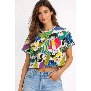 ZARA Women Medium Abstract Print Crop Top Colorful Art Short Sleeve Shirt